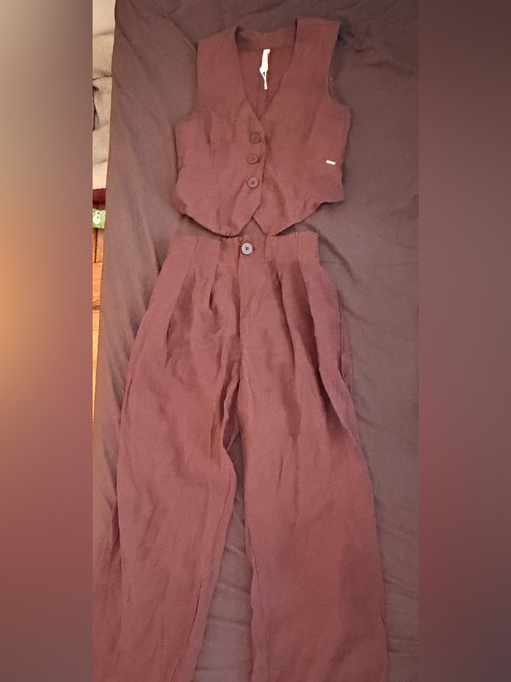 Brown Women's High-Waist Wide-Leg Pants with Matching Vest